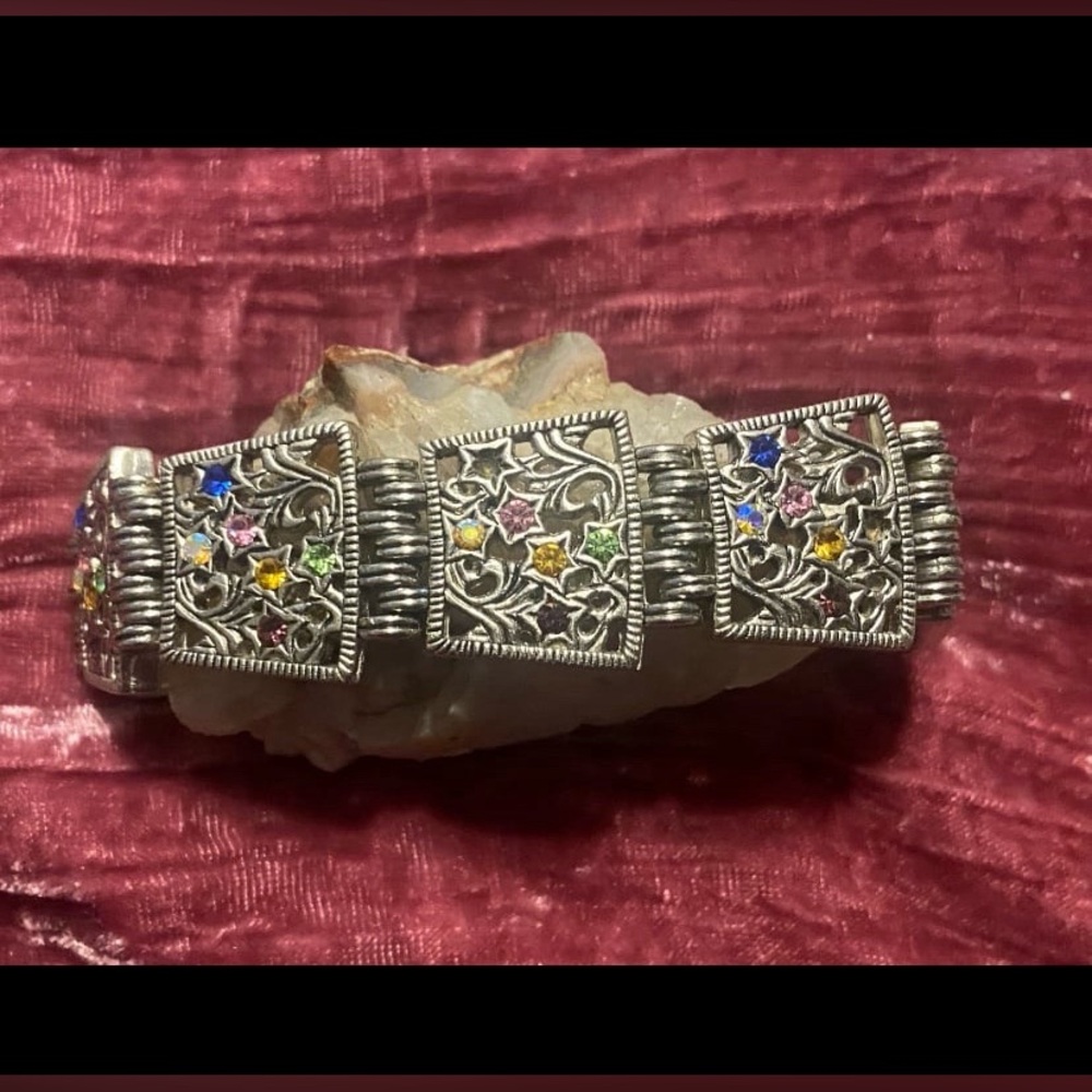 Silver Tone Star Rhinestone Multi Color Panel Bracelet #9274